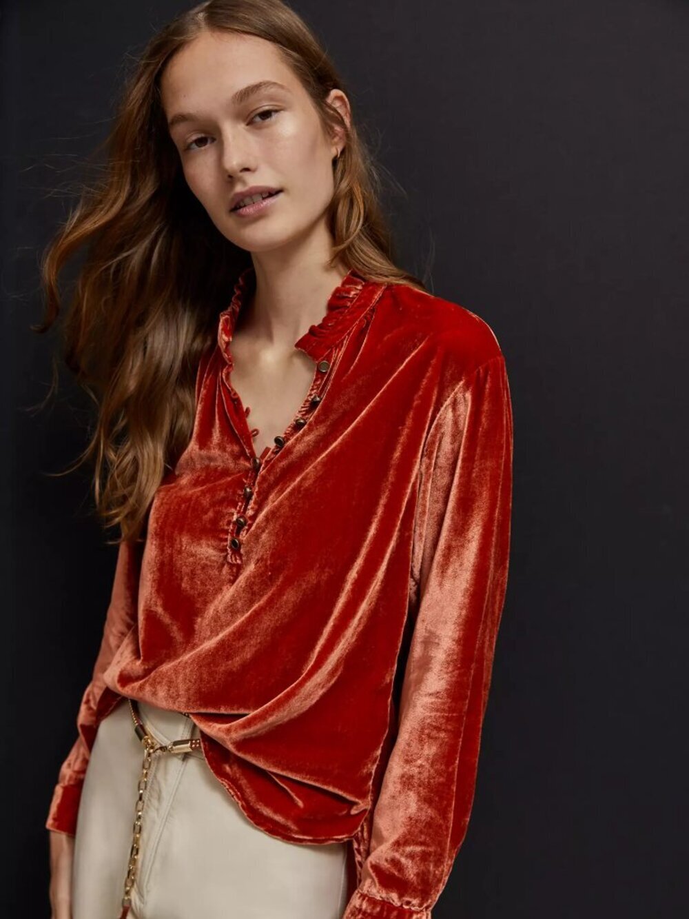 ANTHROPOLOGIE Kristianne Orange Velvet High Neck Ruffle Trim Blouse, Size XS